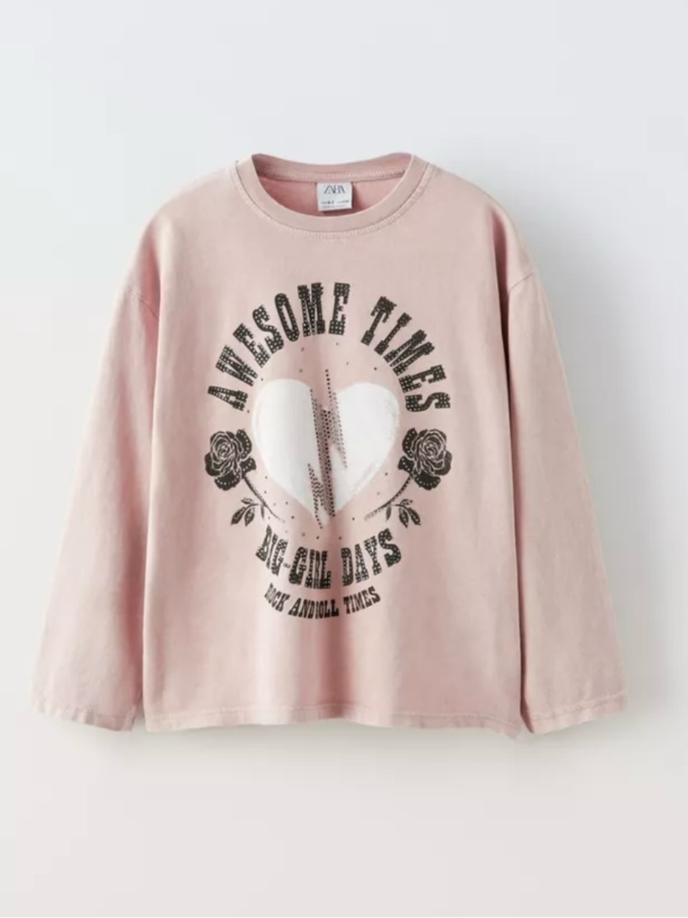 Zara Dusty Pink Long-Sleeve Tee with Heart & Rose Graphic